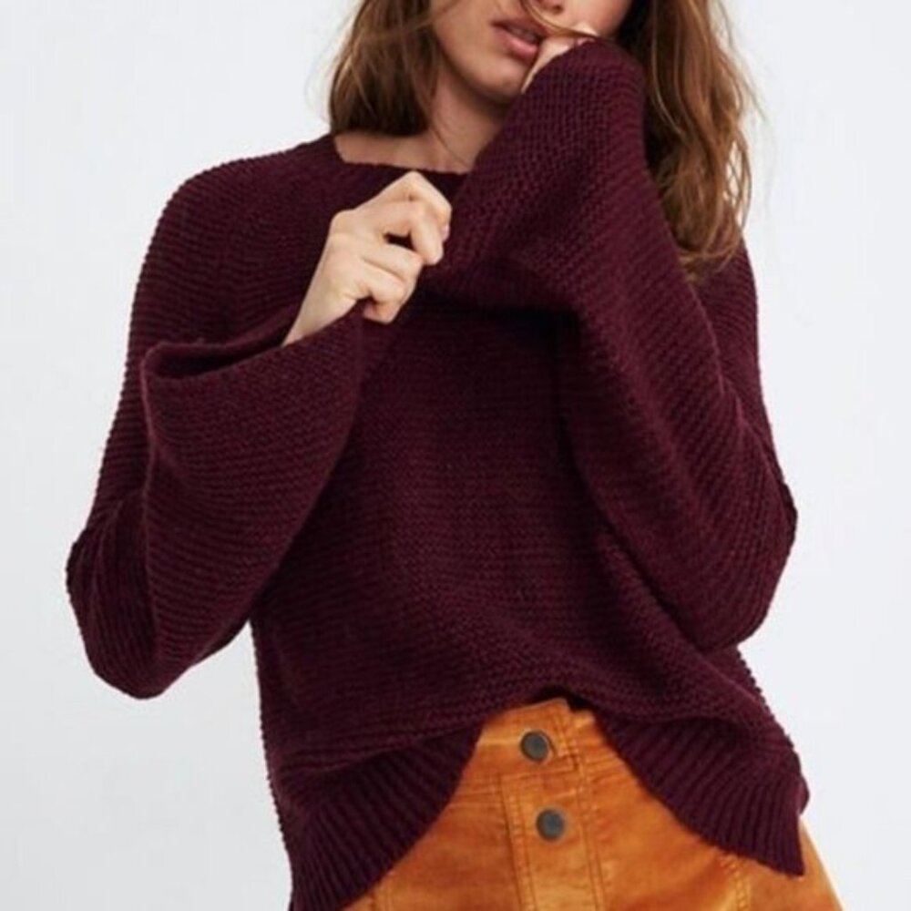 Madewell | Wide Sleeve Pullover knit Crew Neck Alpaca Sweater Maroon Burgundy